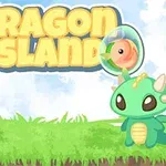 Tri roztomilé kreslené zelené dráčiky na trávnatom pozadí s nápisom DRAGON ISLAND