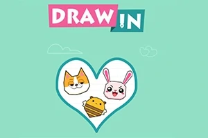 Názov DRAW IN na zelenom pozadí s kresleným líškou, zajačikom a včelou vo vnútri srdca