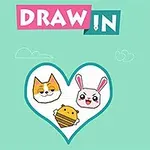Názov DRAW IN na zelenom pozadí s kresleným líškou, zajačikom a včelou vo vnútri srdca