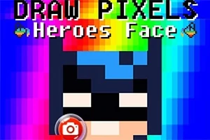 Pixelový obrázok hrdinskej tváre na farebnom pozadí s textom DRAW PIXELS Heroes Face