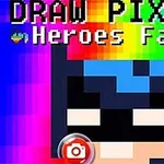 Pixelový obrázok hrdinskej tváre na farebnom pozadí s textom DRAW PIXELS Heroes Face