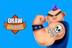 Postava s fialovým čírom a lebkovým tetovaním na ramene, predvádzajúca svaly na modrom pozadí vedľa textu Draw Tattoo
