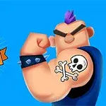 Postava s fialovým čírom a lebkovým tetovaním na ramene, predvádzajúca svaly na modrom pozadí vedľa textu Draw Tattoo