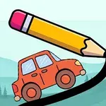Červené auto jazdiace po čiernej čiare nakreslenej veľkou ceruzkou na pozadí modrých kopcov