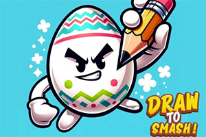 Ilustrácia veselého vajíčka s tvárou, držiaceho veľkú ceruzku na modrom pozadí s názvom Draw to Smash!
