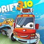 Červené a žlté autíčka s výraznými výrazmi tváre driftujú na ceste pod modrou oblohou