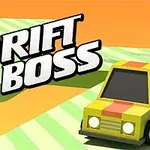 Žlté auto s oranžovými pruhmi vedľa textu Drift Boss na zeleno-bielej pruhovanej ceste