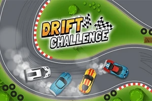 Nakreslené autá driftujúce na závodnej dráhe s nápisom Drift Challenge na zelenom trávniku