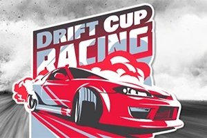 Červené driftujúce auto s textom Drift Cup Racing na pozadí s dymom
