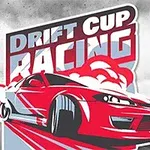 Červené driftujúce auto s textom Drift Cup Racing na pozadí s dymom