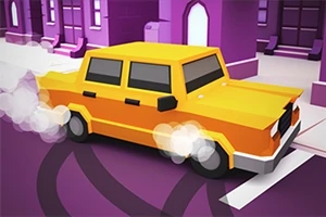Žlté auto s kockovým dizajnom driftuje na ulici v meste s fialovými budovami