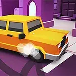Žlté auto s kockovým dizajnom driftuje na ulici v meste s fialovými budovami