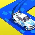 Biele auto driftuje na modrej ceste v tvare L na žltom pozadí