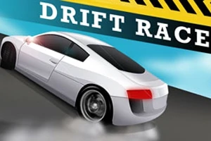 Biele športové auto driftujúce na ceste s nápisom DRIFT RACE na modrom pozadí