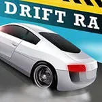 Biele športové auto driftujúce na ceste s nápisom DRIFT RACE na modrom pozadí