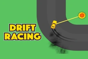 Žlté auto driftujúce na tmavej ceste s nápisom Drift Racing na zelenom pozadí