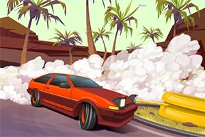Červené auto driftujúce na ceste s dymom v pozadí a palmami okolo