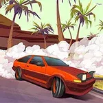 Červené auto driftujúce na ceste s dymom v pozadí a palmami okolo