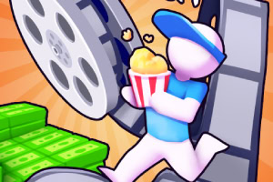 Postava v modrej čiapke nesie popcorn pred veľkým filmovým kotúčom, vedľa sú kôpky peňazí