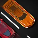 Dve autá na ceste, oranžové a červené, umiestnené vedľa seba na tmavom pozadí