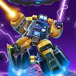 Robot s farebnými svetlami a zbraňami na vesmírnom pozadí