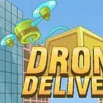 Dron nesúci veľkú žltú krabicu medzi mrakodrapmi s nápisom Drone Delivery