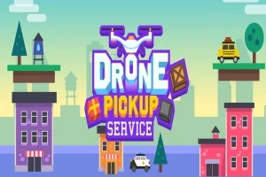Farebná ilustrácia s nápisom Drone Pickup Service na pozadí mesta so stromami a budovami