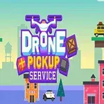 Farebná ilustrácia s nápisom Drone Pickup Service na pozadí mesta so stromami a budovami