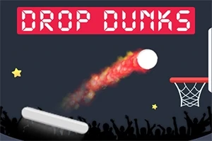 Biela lopta s ohnivou stopou smeruje k basketbalovému košu nad čiernym davom ľudí; nad obrazom je nápis Drop Dunks