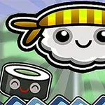 Usmiaty kreslený sushi s páskou na hlave a menším sushi s tvárou v pozadí na farebnom žiariacom pozadí