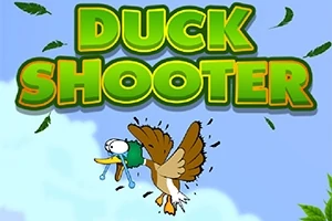 Farebná kreslená kačka so slzami a Duck Shooter text na modrom pozadí s listami