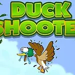 Farebná kreslená kačka so slzami a Duck Shooter text na modrom pozadí s listami