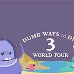 Farebné postavičky a lietajúci objekt na púštnom pozadí s nápisom „Dumb Ways to Die 3 World Tour