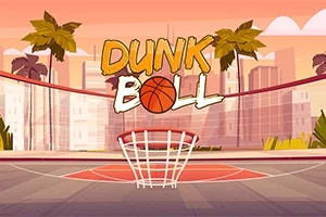 Ilustrácia basketbalového ihriska s palmovými stromami v pozadí a nápisom „DUNK BALL“