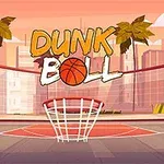 Ilustrácia basketbalového ihriska s palmovými stromami v pozadí a nápisom „DUNK BALL“
