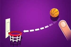 Basketbalová lopta mieri do koša s ukázanou trajektóriou a prstom na fialovom pozadí