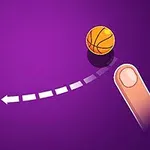 Basketbalová lopta mieri do koša s ukázanou trajektóriou a prstom na fialovom pozadí
