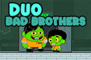 Dvaja kreslení zelení bratia v oranžových kombinézach stoja pred dverami s nápisom EXIT a veľkým nápisom „DUO BAD BROTHERS“ hore