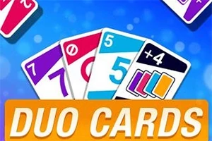 Karty s číslami a symbolmi na modrom pozadí so žltou textovou lištou nápisom DUO CARDS