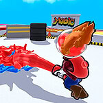 Dvaja animovaní postavi na hernej aréne používajú farebné energetické útoky