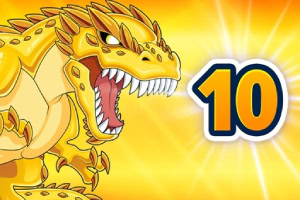 Žltý animovaný drak s otvorenými ústami vedľa čísla 10 na žiarivom oranžovom pozadí