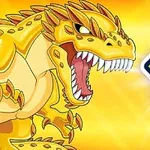 Žltý animovaný drak s otvorenými ústami vedľa čísla 10 na žiarivom oranžovom pozadí