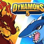Dve kreslené príšery, jedna ohnivá a druhá vodná, s nápisom Dynamons 5 medzi nimi