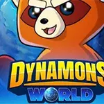 Roztomilá kreslená postavička pred modrým zemeguľovým pozadím s nápisom Dynamons World