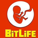 Červené pozadie s bielym kruhom obsahujúcim siluetu plodu a žltým nápisom BitLife pod ním