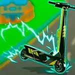 Elektrická kolobežka so svietiacimi modrými a žltými bleskami na šedom pozadí cesty s farebnými prvkami v pozadí