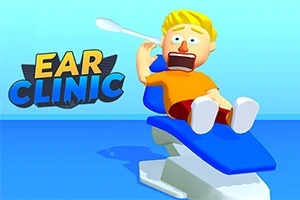 Postavička sediaca na modrom kresle s vystrašeným výrazom na tvári a nástrojom smerujúcim k uchu