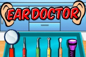 Zobrazené sú nástroje lekára vrátane lupy, pinzety a baterky na modrom podnose, s textom Ear Doctor a obrázkami uší na vrchu