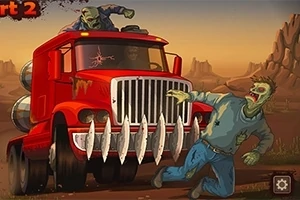 Červený kamión s hrotmi na prednej časti prechádza cez púšť a zráža zombie