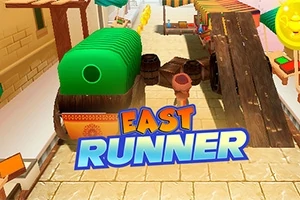 Farebná kreslená scéna s prekážkami na ulici a logom East Runner v popredí